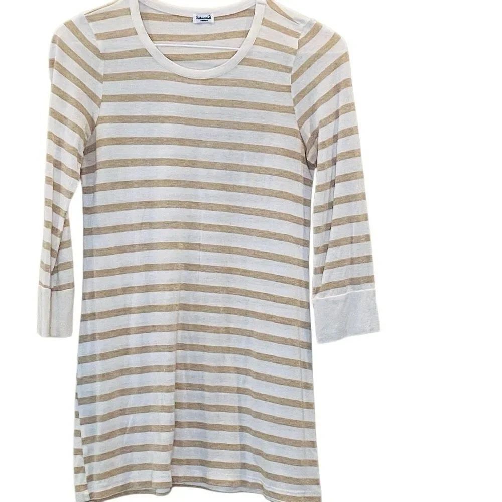 Splendid Glittered Striped Cuffed Sleeve Rayon Lurex Blend Dress White Medium